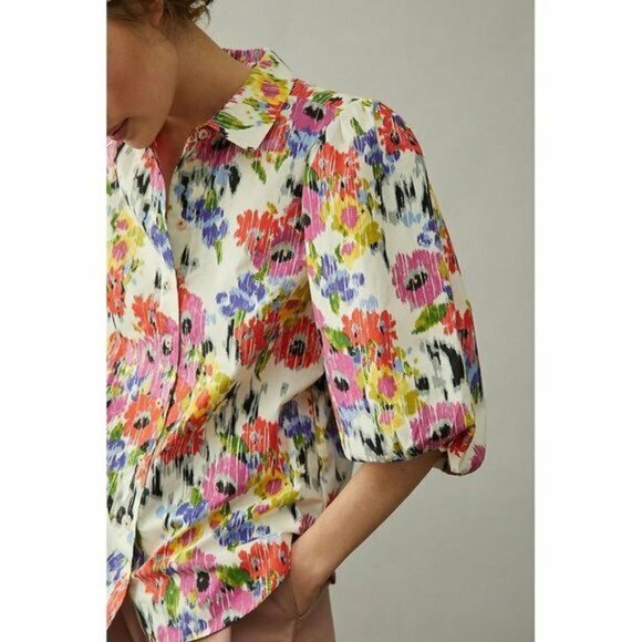NWT Anthropologie Rachael Floral Button Down Top M Puff Sleeves - Picture 3 of 9